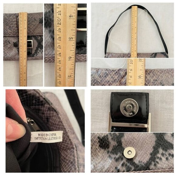 Faux Snakeskin Shoulder Bag Gray Black Patent Buckle Flap Y2K Style - Picture 9 of 13